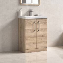 Balterley Contemporary Bathroom Floor 2-Door Vanity & Basin, Bleached Oak, 600mm in Brown - thumbnail 3