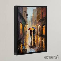 "Artery8 Couple With Umbrellas Rainy Cityscape Framed Canvas Wall Art Print - Size: W12"" x H16""" - thumbnail 2