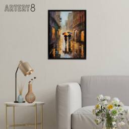 "Artery8 Couple With Umbrellas Rainy Cityscape Framed Canvas Wall Art Print - Size: W12"" x H16""" - thumbnail 3