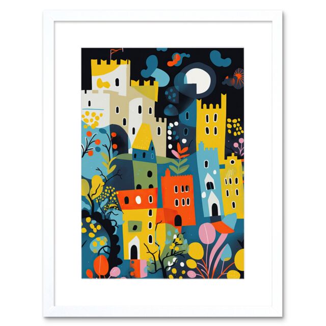"Artery8 Wall Art Print Nottingham at Night Abstract Folk Art Cityscape Artwork Framed 9X7 Inch in White - Size: W7"" x H9""" - image 1