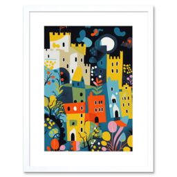 "Artery8 Wall Art Print Nottingham at Night Abstract Folk Art Cityscape Artwork Framed 9X7 Inch in White - Size: W7"" x H9""" - thumbnail 1