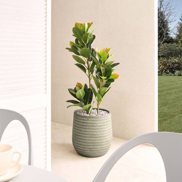 Wyld and Coco 39cm Green Fibre Clay Round Planter with Embossed Pattern Durable - image 1