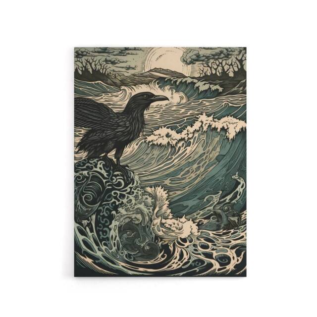 "Artery8 Raven & Crashing Waves Seascape Canvas Wall Art Print in Blue - Size: W24"" x H32""" - image 1
