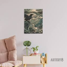 "Artery8 Raven & Crashing Waves Seascape Canvas Wall Art Print in Blue - Size: W24"" x H32""" - thumbnail 3