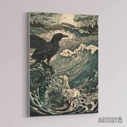 "Artery8 Raven & Crashing Waves Seascape Canvas Wall Art Print in Blue - Size: W24"" x H32""" - thumbnail 2