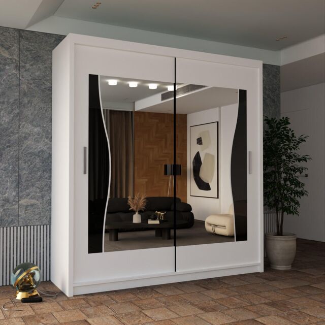 Sliding Wardrobes 4U Curved Mirror Sliding Door Wardrobe 203cm X 217cm in White - Size: 203 cm X 217 cm - image 1