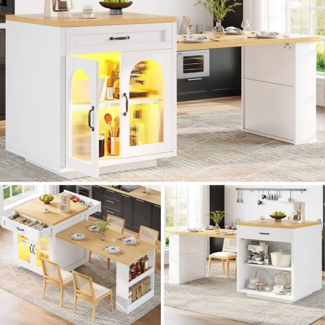 ModernLuxe Extendable kitchen island with LEDs + 2 drawers in White - image 1