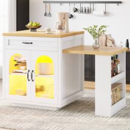 ModernLuxe Extendable kitchen island with LEDs + 2 drawers in White - thumbnail 6