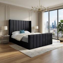 KDMD Sturminster Winged Upholstered Black Soft Velvet Designer Bed Frame - Size: Small Double - thumbnail 1