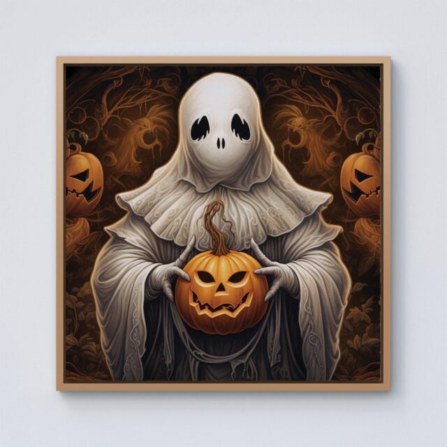 Warren Reed - Designer Spooky White Ghost Holding Pumpkin Framed Canvas in Light Brown - Size: w40 inch x h40 inch - image 1