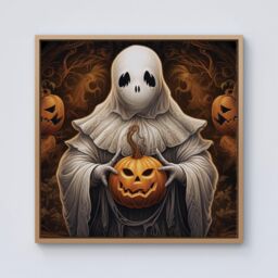 Warren Reed - Designer Spooky White Ghost Holding Pumpkin Framed Canvas in Light Brown - Size: w40 inch x h40 inch - thumbnail 1