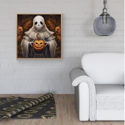Warren Reed - Designer Spooky White Ghost Holding Pumpkin Framed Canvas in Light Brown - Size: w40 inch x h40 inch - thumbnail 2