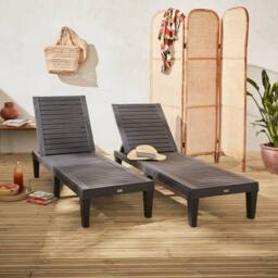 sweeek Pair Of Plastic Sun Loungers With Textured Wood Effect in Black - thumbnail 3