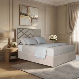 Casani Marden Upholstered Soft Velvet Beige Metal Designer Bed Frame in Cream - Size: King - thumbnail 1
