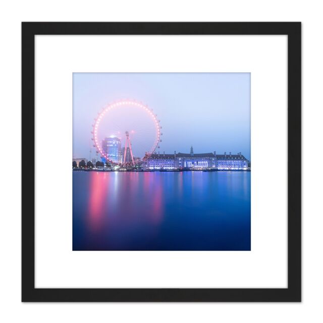 Artery8 Warby London Eye Foggy Morning Cityscape Photo 8X8 Inch Square Wooden Framed Wall Art Print Picture with Mount in Black - image 1