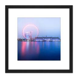 Artery8 Warby London Eye Foggy Morning Cityscape Photo 8X8 Inch Square Wooden Framed Wall Art Print Picture with Mount in Black - thumbnail 1
