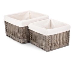 Red Hamper Wicker Set of 2 Square Antique Wash Lined Storage Basket in White