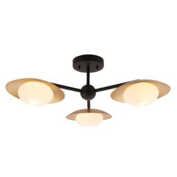 Loops Gold & Bronze Semi Flush 3 Bulb Ceiling Light - Pebble Shaped Opal Glass Shades in Clear