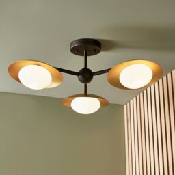 Loops Gold & Bronze Semi Flush 3 Bulb Ceiling Light - Pebble Shaped Opal Glass Shades in Clear - thumbnail 3