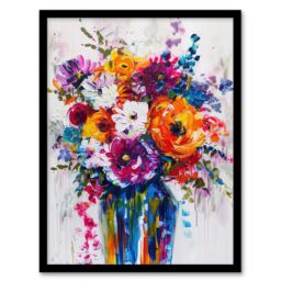 Artery8 Multicoloured Flower Bouquet in Vase Oil Painting Framed Art Print - Size: A4 - thumbnail 1