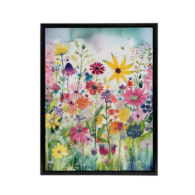 "Artery8 Bright Wildflower Floral Blooms Framed Canvas Wall Art Print - Size: W12"" x H16""" - image 1