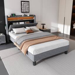 BTM Velvet Bed with Flip-Door Storage, LED & USB-C Charging in Grey - Size: Single - thumbnail 3