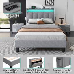 BTM Velvet Bed with Flip-Door Storage, LED & USB-C Charging in Grey - Size: Single - thumbnail 6