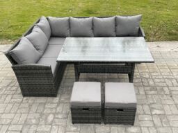 Fimous Outdoor Rattan Garden Furniture Corner Sofa Set with Rectangular Dining Table 2 Small Footstools Patio Wicker Rattan Set in Dark Grey - thumbnail 2
