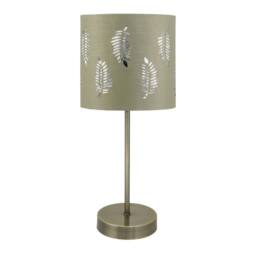 First Choice Lighting Antique Brass Stick Table Lamp with Sage Green Fern Shade in Bronze