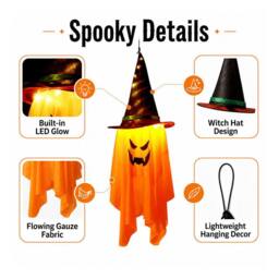 Lovii LED Light Up Hanging Ghost with Witch Hat Halloween Party Porch Orange - thumbnail 2