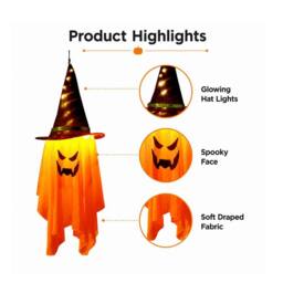 Lovii LED Light Up Hanging Ghost with Witch Hat Halloween Party Porch Orange - thumbnail 3