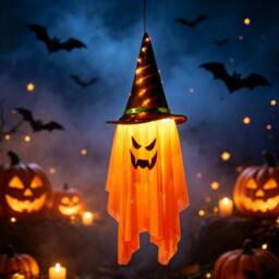 Lovii LED Light Up Hanging Ghost with Witch Hat Halloween Party Porch Orange - thumbnail 1