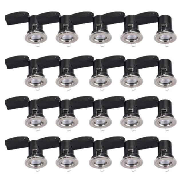 First Choice Lighting Set of 20 Fire Rated Downlights - Brushed Chrome Fixed GU10 Recessed in Silver - image 1