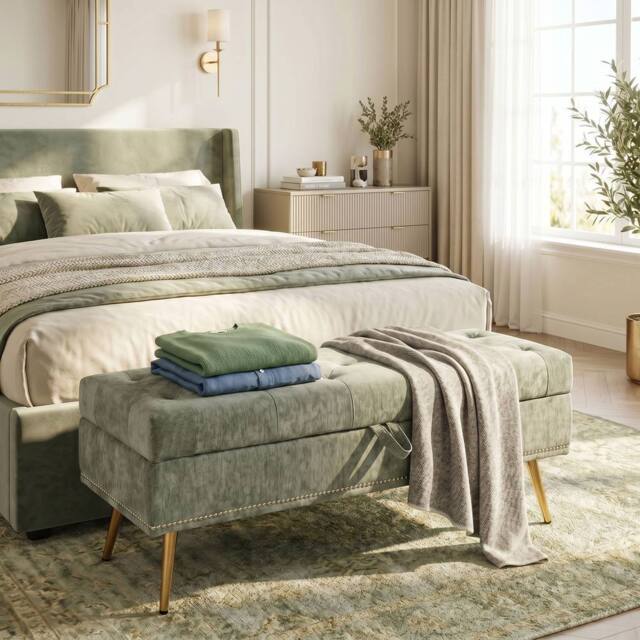 HOMCOM Storage Ottoman, Chenille Ottoman Storage Box, Light Green - image 1