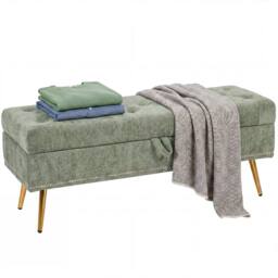 HOMCOM Storage Ottoman, Chenille Ottoman Storage Box, Light Green - thumbnail 2