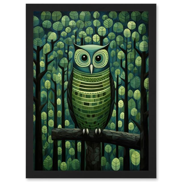 Artery8 Wall Art Print Sage Green Owl Perched in Geometric Forest Night Dusk Artwork Framed A4 in Black - image 1