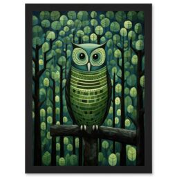Artery8 Wall Art Print Sage Green Owl Perched in Geometric Forest Night Dusk Artwork Framed A4 in Black - thumbnail 1