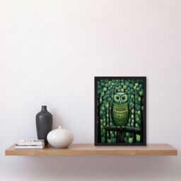Artery8 Wall Art Print Sage Green Owl Perched in Geometric Forest Night Dusk Artwork Framed A4 in Black - thumbnail 2