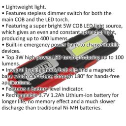 Loops Rechargeable Inspection Light with Power Bank - 5W COB & 3W SMD LED - Red - thumbnail 2