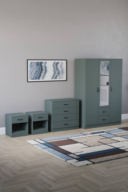 Home Discount Vida Designs 4Pc Bedroom Set 2xBedside, 4Drawer Chest, Mirror Wardrobe in Green - image 1