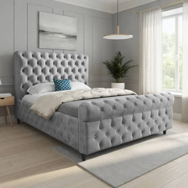 Casani Stenton Sleigh Upholstered Grey Soft Velvet Designer Bed Frame - Size: Double - image 1