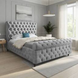 Casani Stenton Sleigh Upholstered Grey Soft Velvet Designer Bed Frame - Size: Double - thumbnail 1