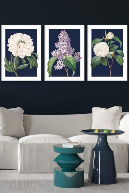 ARTZE Set of 3 White Framed Vintage Flowers Lilac, Peony & Camellia on Navy Blue Wall Art - Size: W33 cm x H45 cm x D20mm - image 1