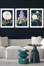 ARTZE Set of 3 White Framed Vintage Flowers Lilac, Peony & Camellia on Navy Blue Wall Art - Size: W33 cm x H45 cm x D20mm - thumbnail 1