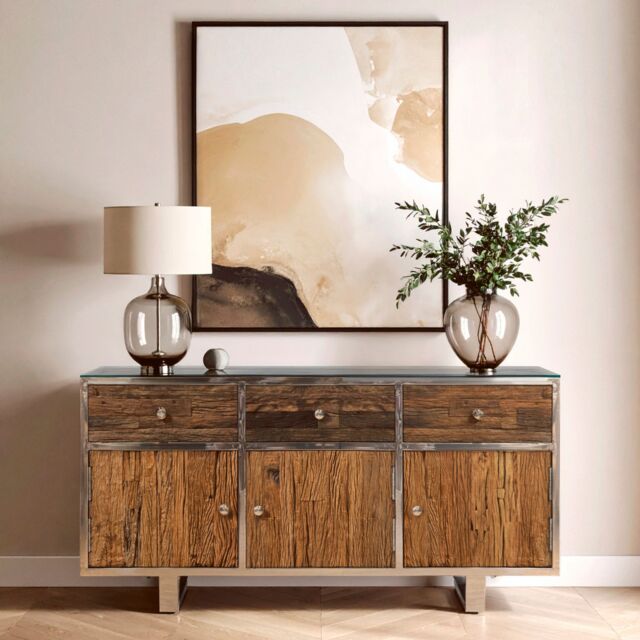 Orsina Black Sideboard, Matte Black 3‑Door Buffet Storage Unit, Contemporary Wooden Sideboard for Dining Room in Natural - image 1