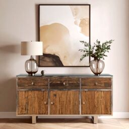 Orsina Black Sideboard, Matte Black 3‑Door Buffet Storage Unit, Contemporary Wooden Sideboard for Dining Room in Natural