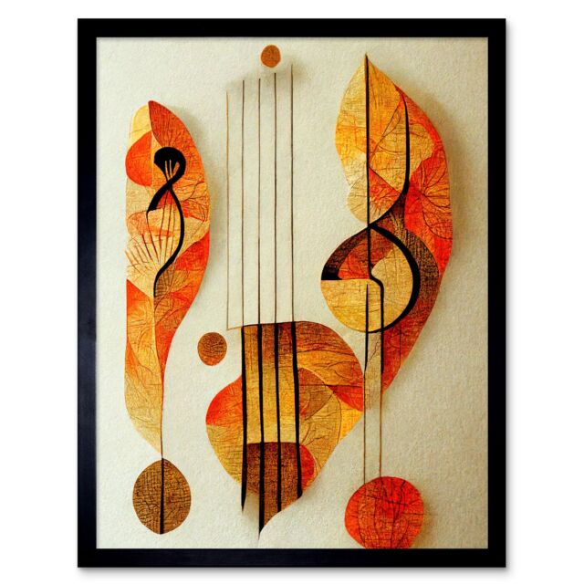"Artery8 Wall Art Print Modern Abstract Musical Symbol Clef & Staff in Warm Autumn Colours Art Framed in Black - Size: W12"" x H16""" - image 1