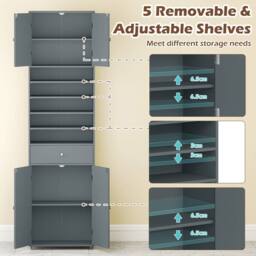 Costway 180CM Tall Cupboard Kitchen Buffet Pantry Storage Cabinet w/ Drawer in Grey - thumbnail 9