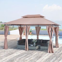 OUTSUNNY 4m x 3(m) Outdoor 2-Tier Steel Frame Gazebo w/ Curtains Outdoor Garden in Brown - thumbnail 1