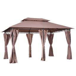 OUTSUNNY 4m x 3(m) Outdoor 2-Tier Steel Frame Gazebo w/ Curtains Outdoor Garden in Brown - thumbnail 2